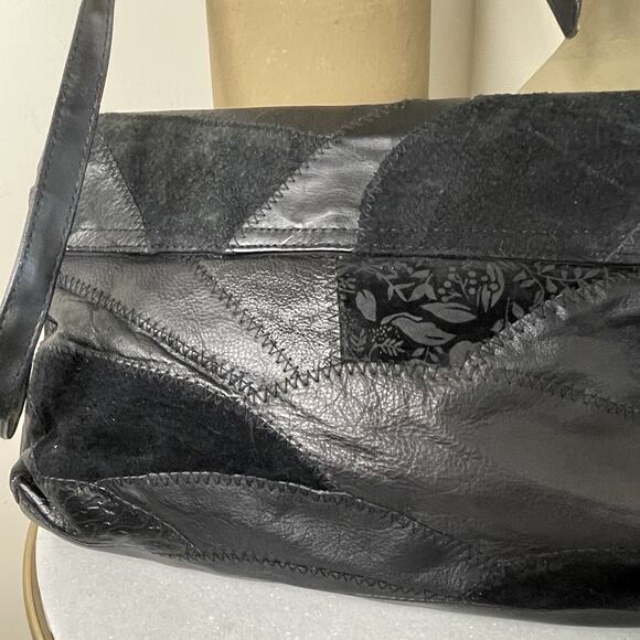VTG Black Patchwork Boho Leather Suede 80s Shoulder Crossbody Bag Glam Studio 54 - Picture 10 of 16